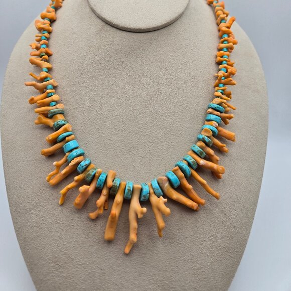Natural Rare Orange Branch Coral with Persian Turquoise Necklace - Picture 1 of 5